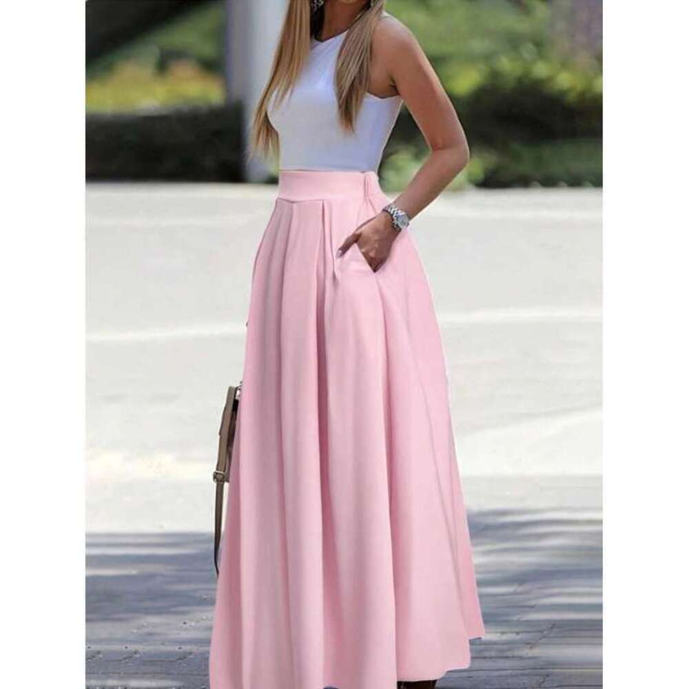 Breezaya A-Line Solid Color High Waist Skirt Maxi
